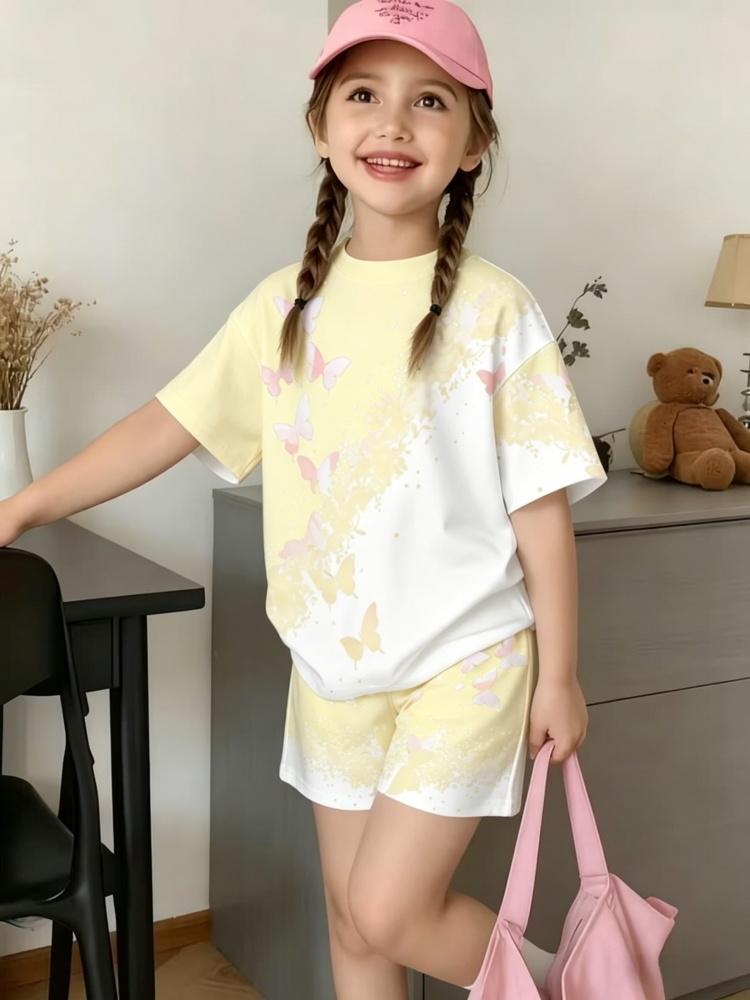 Whimsical 3D Butterfly Print 2 Piece Kids Summer Casual Set Lightweight Short Sleeve Shorts For Unisex Boys Girls