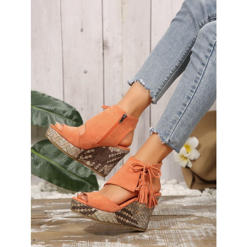 Summer New Wedge Sandals Women's 2025 Plus Size Muffin Fringe Thick-soled Fish Mouth Roman Sandals