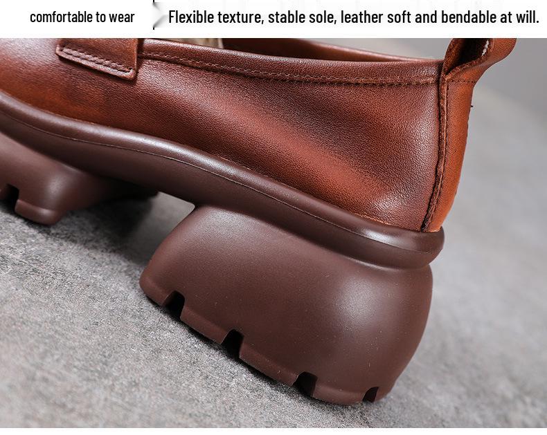 Women's Retro Cowhide Loafers with Thick, Soft Soles - Height-Increasing Leather Shoes for Spring and Autumn