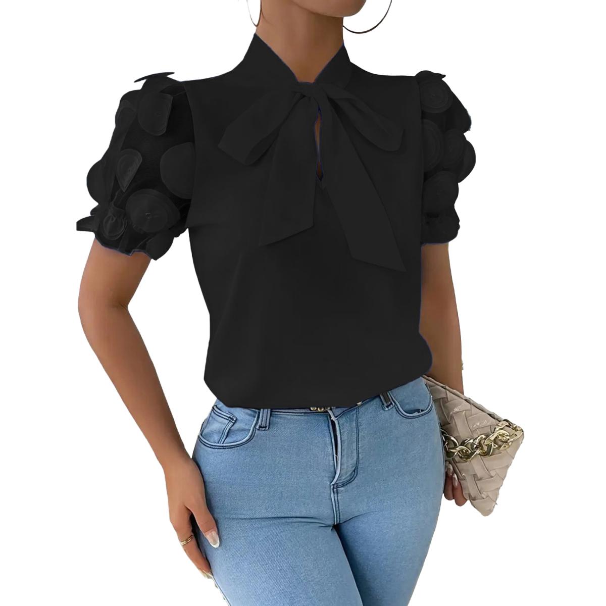 

Женская рубашка Yousheng с завязанным бантом на горловине, сетчатая жаккардовая рубашка с короткими рукавами, повседневная рубашка, однотонная блузка, повседневная одежда S чёрный