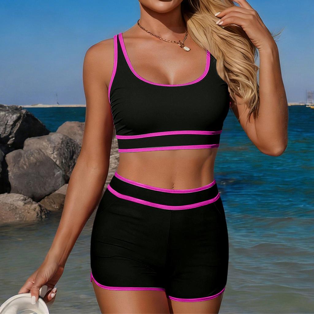 Women's Color-blocked Sporty Conservative Two-piece Swimsuit