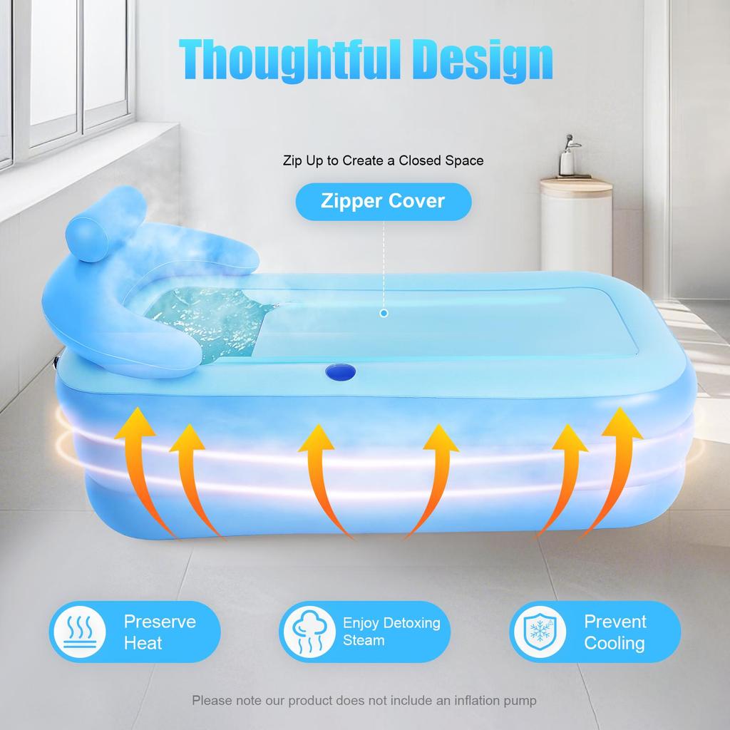 62'' Large Inflatable Bathtub for Adults Portable PVC Hot Tub SPA with Ergonomic Backrest & Drain Plug Foldable Design for Indoor Outdoor