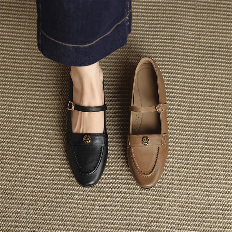 Mode Nouvelles Chaussures Femme en Cuir Véritable Printemps/Automne Bout Rond Chaussures Mary Jane pour Femmes Mode Rétro Boucle de Ceinture Talon Bas Escarpins pour Femmes