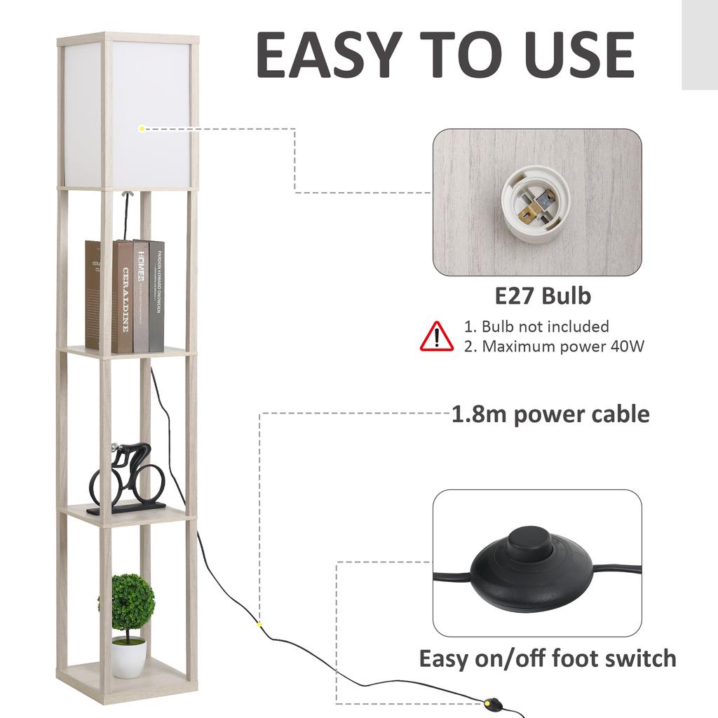 3-Tier Floor Lamp, Floor Light with Storage Shelf, Reading Standing Lamp with Acrylic Shade for Living Room, Bedroom, Kitchen, Dining Room, Office