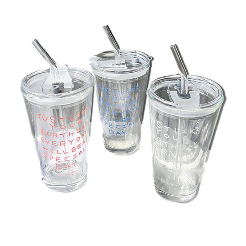 1Pcs Creative Letter Water Cup With Straw And Lid Water Cup Glass Cup Sport Mug Straw Water Cup Breakfast Cup Outdoor Tableware