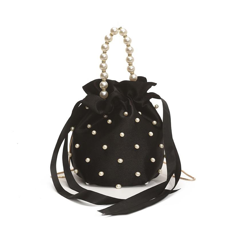 Mini-Eimer-Tasche mit Perlenbesatz Damen Kordelzug Weiches Leder-Look Crossbody Oder Schulter-Stil Street Chic Design