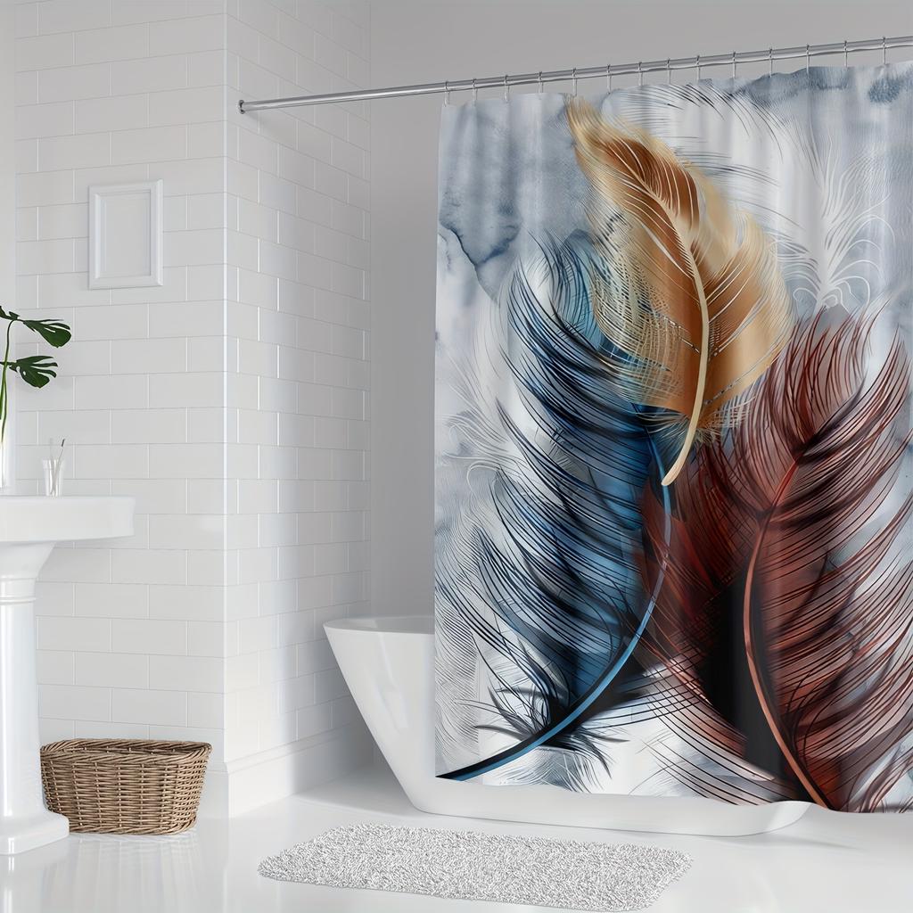 Feather Print Curtain - Modern Art, Polyester, Blue & Orange, Machine Washable, Hooks Included, All-Season Bath Decor