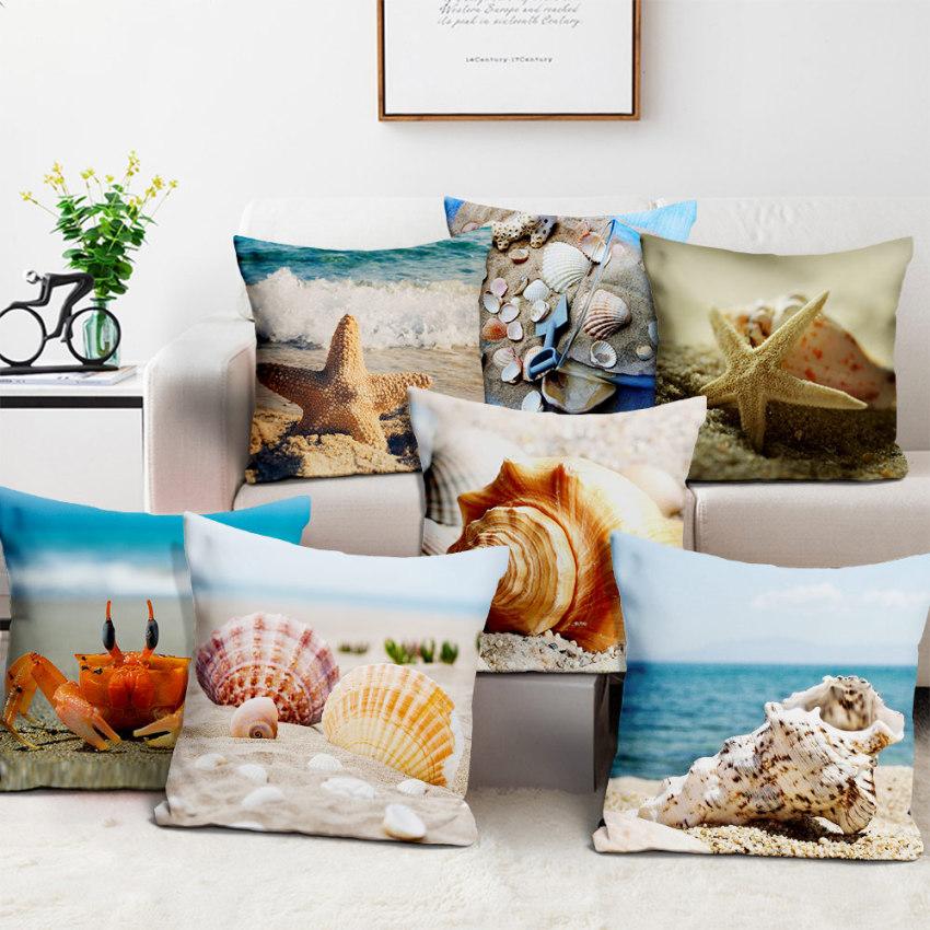 Beach Decoration Pillowcase Natural Landscape Starfish Conch Shell Printing Pillow Home  Sofa Cushion Cover 45x45cm