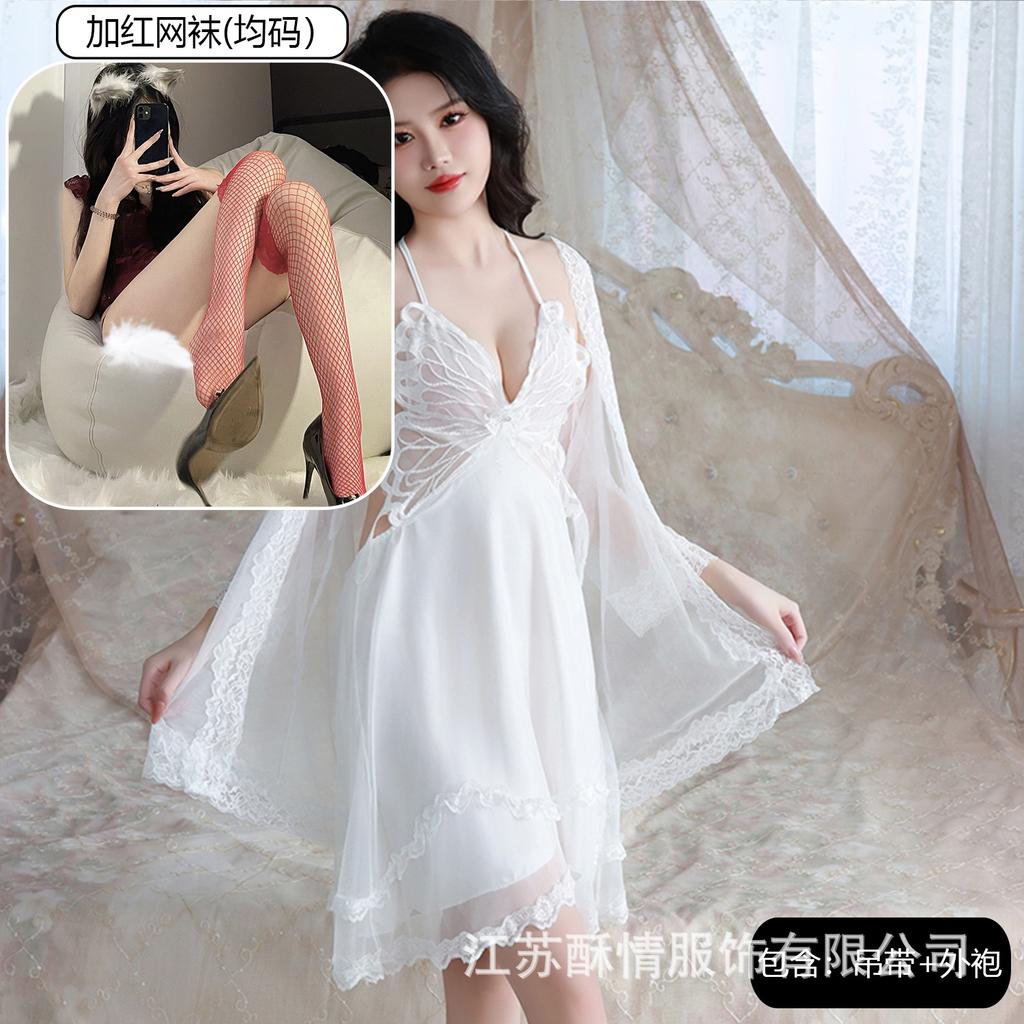 Sexy Underwear Big Butterfly Pure Desire Mesh Pajamas Plus Chest Pads Gather Nightgown Robe Women's Loungewear Set