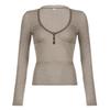 New American Style V-Neck Casual Solid Color Button Patchwork Slimming T-shirt for Spring & Summer
