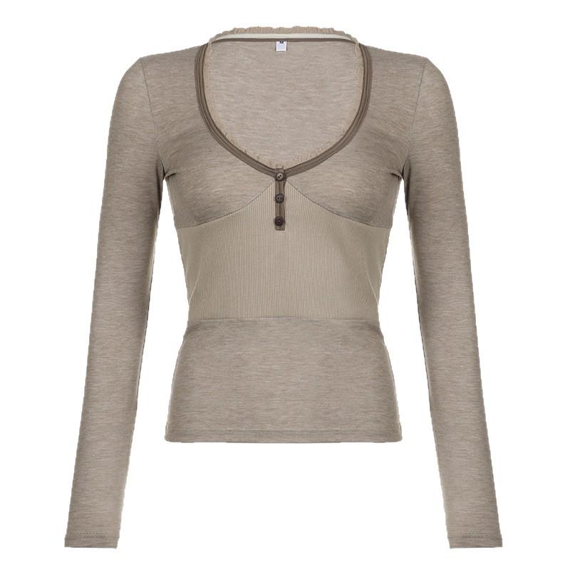 New American Style V-Neck Casual Solid Color Button Patchwork Slimming T-shirt for Spring & Summer