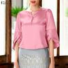 ZANZEA Women Casual V-Neck 3/4 Sleeve Loose Satin Blouse