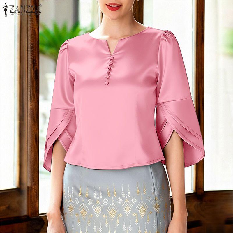 ZANZEA Women Casual V-Neck 3/4 Sleeve Loose Satin Blouse