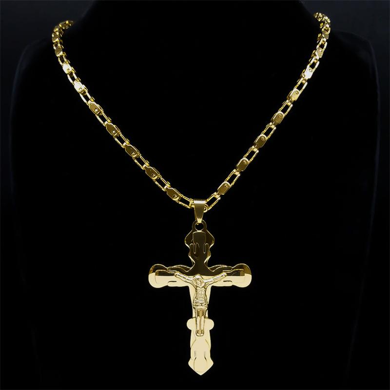 Christus Jesus Kruzifix Kreuz Großer Anhänger Halskette für Männer Edelstahl Goldfarbe Herren Ketten Halsketten Amulett Schmuck gargantilla