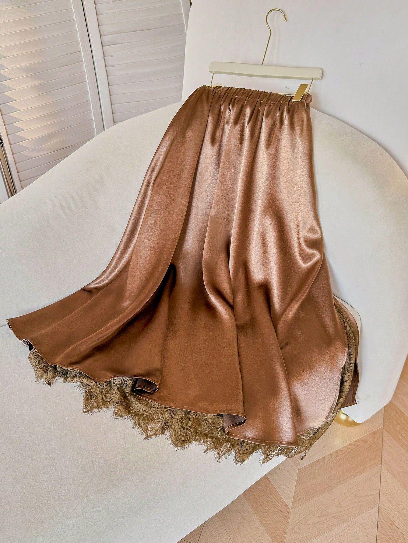

Plus Size Lace Patchwork A-Line Modest Skirt 4XL коричневий