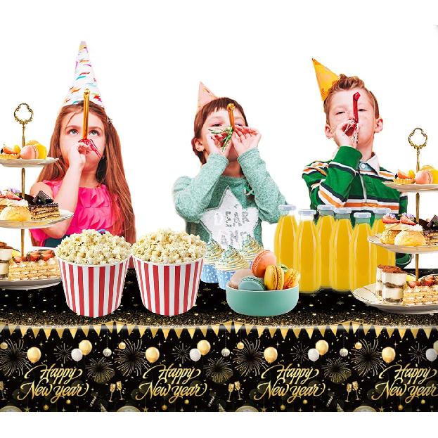 PARSUP 1PC Happy New Year Tablecloth - Disposable Black Gold NYE Theme Party Supplies - Rectangular Plastic Table Cover, 108 x 54'