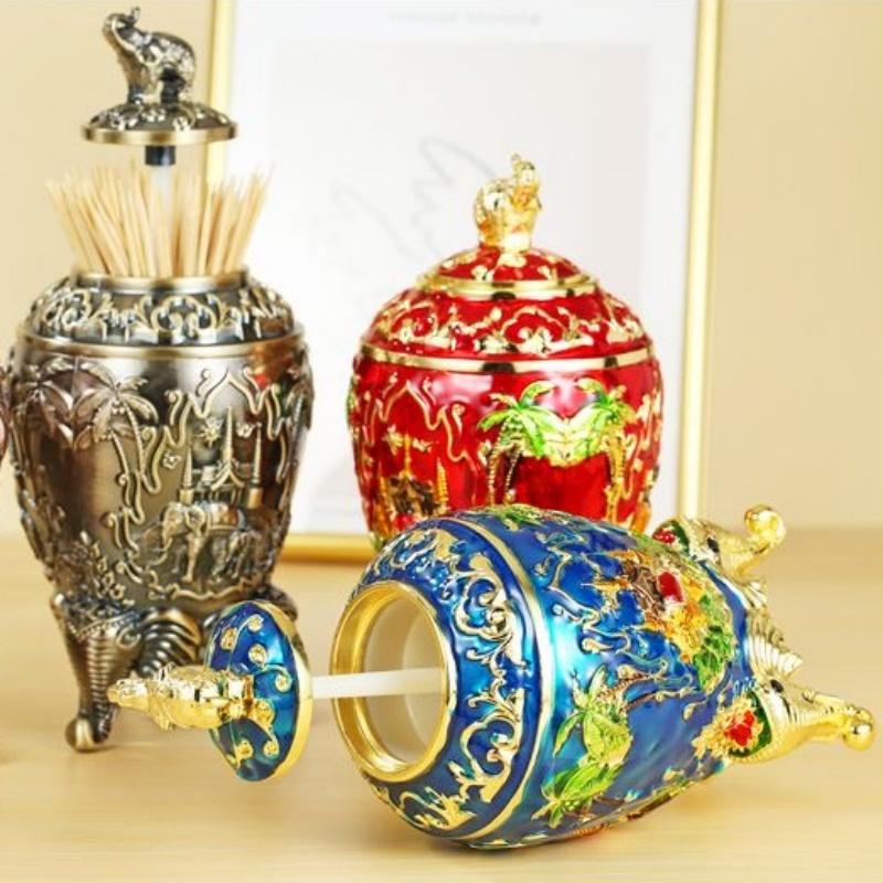 Automatic Push-type Toothpick Box Alloy Elephant Toothpick Holder Dresser Desktop Organizer Display Party Decoration Unique Gift