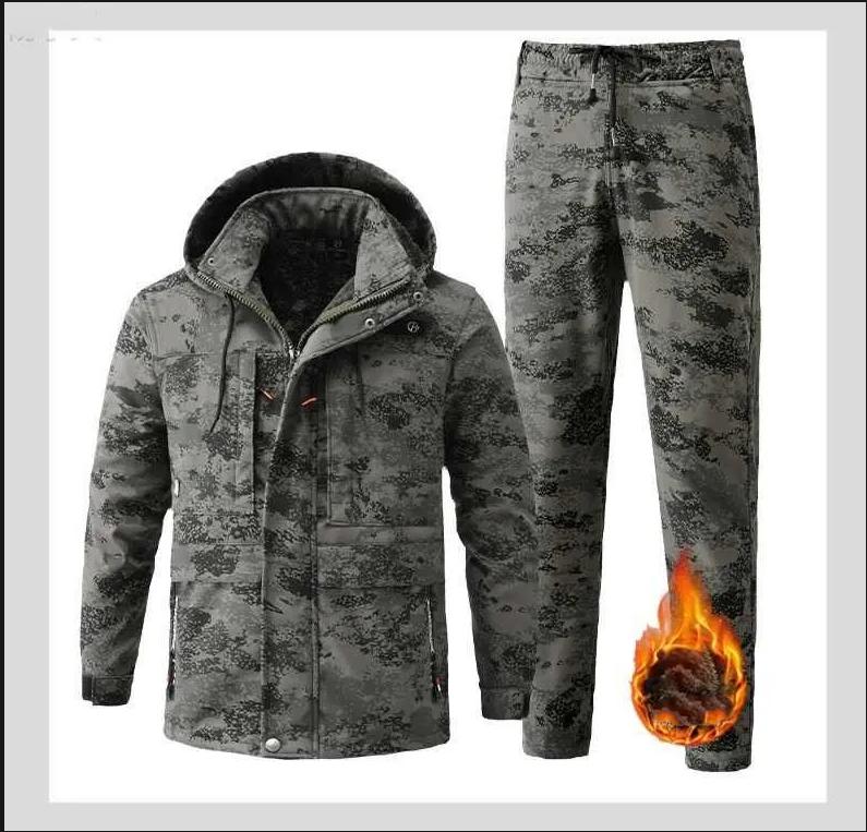Winter camouflage velvet suit men's cold-proof thickened warm camouflage suit wear-resistant and water-proof labor insurance overalls