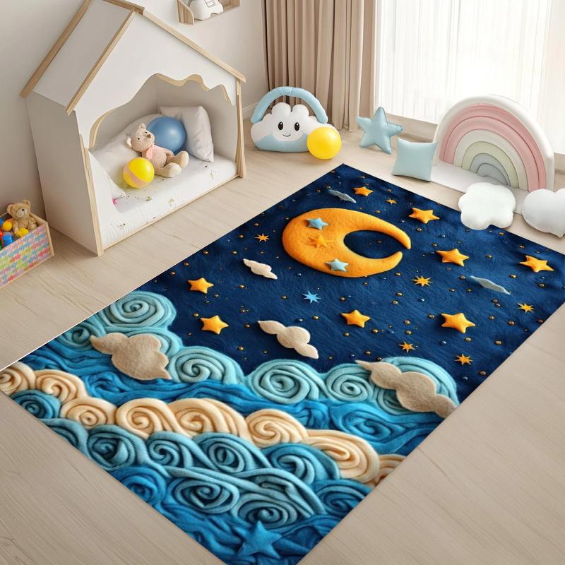 3D Starry Sky Clouds Area Rug Kids Play Mat Non-Slip Educational Carpet for Nursery Playroom Toddler Bedroom Babyroom Home Decor