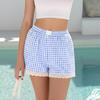 Women Fashion Plaid Lace Trim Elastic Waistband Casual Shorts Soft Breathable Lightweight Summer Bottoms