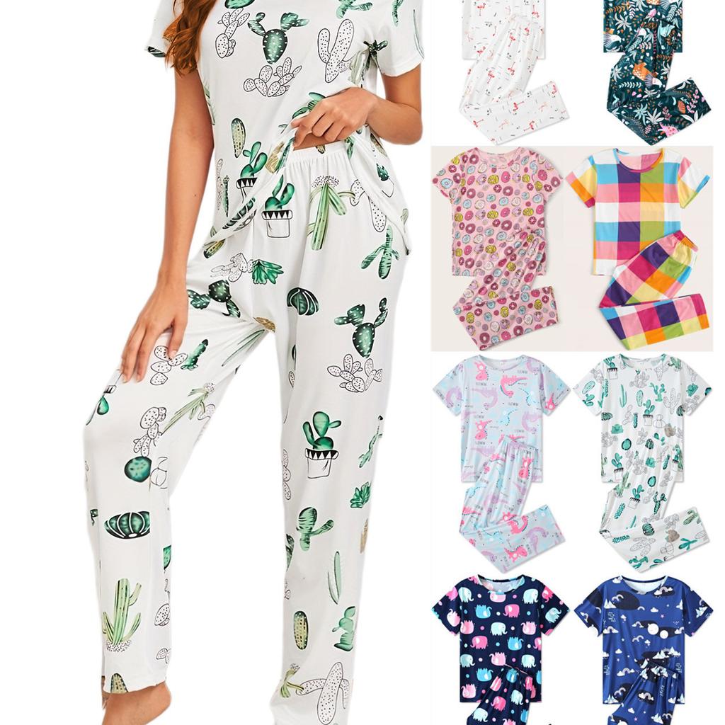 European and American Style Women's Fashion Spring Loungewear 2 Piece Short Sleeve Long Pants Pajamas Set Floral Print Homewear