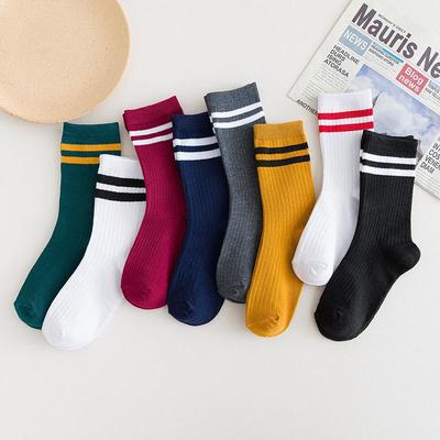 Women's Japanese Style Mid-Calf Striped Socks - Retro Autumn/Winter Solid Color College Fashion