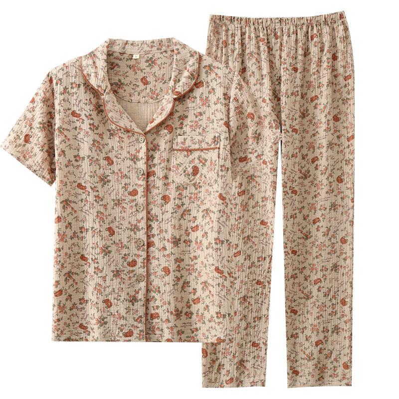 Crepe cotton yarn middle-aged and elderly mother short-sleeved trousers lapel pajamas loungewear set retro floral cardigan breathable