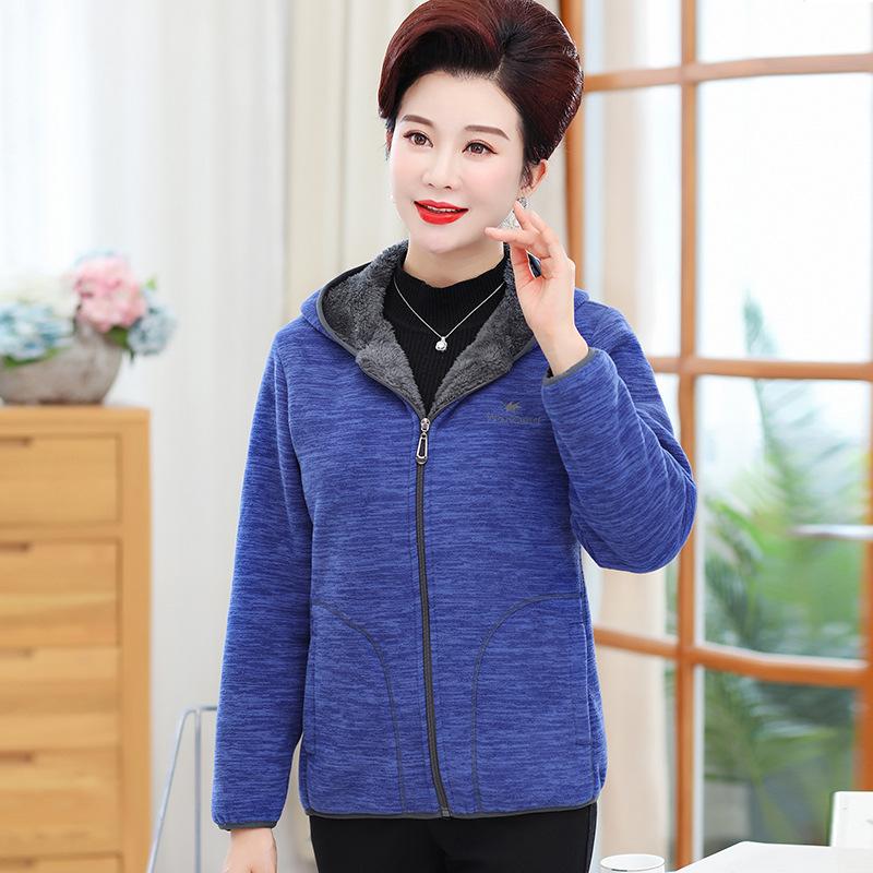 Grandma Autumn and Winter Cardigan Hooded Sweater Middle-aged and Elderly Sportswear Women's Jacket Mother Women's Plus Velvet Clothes