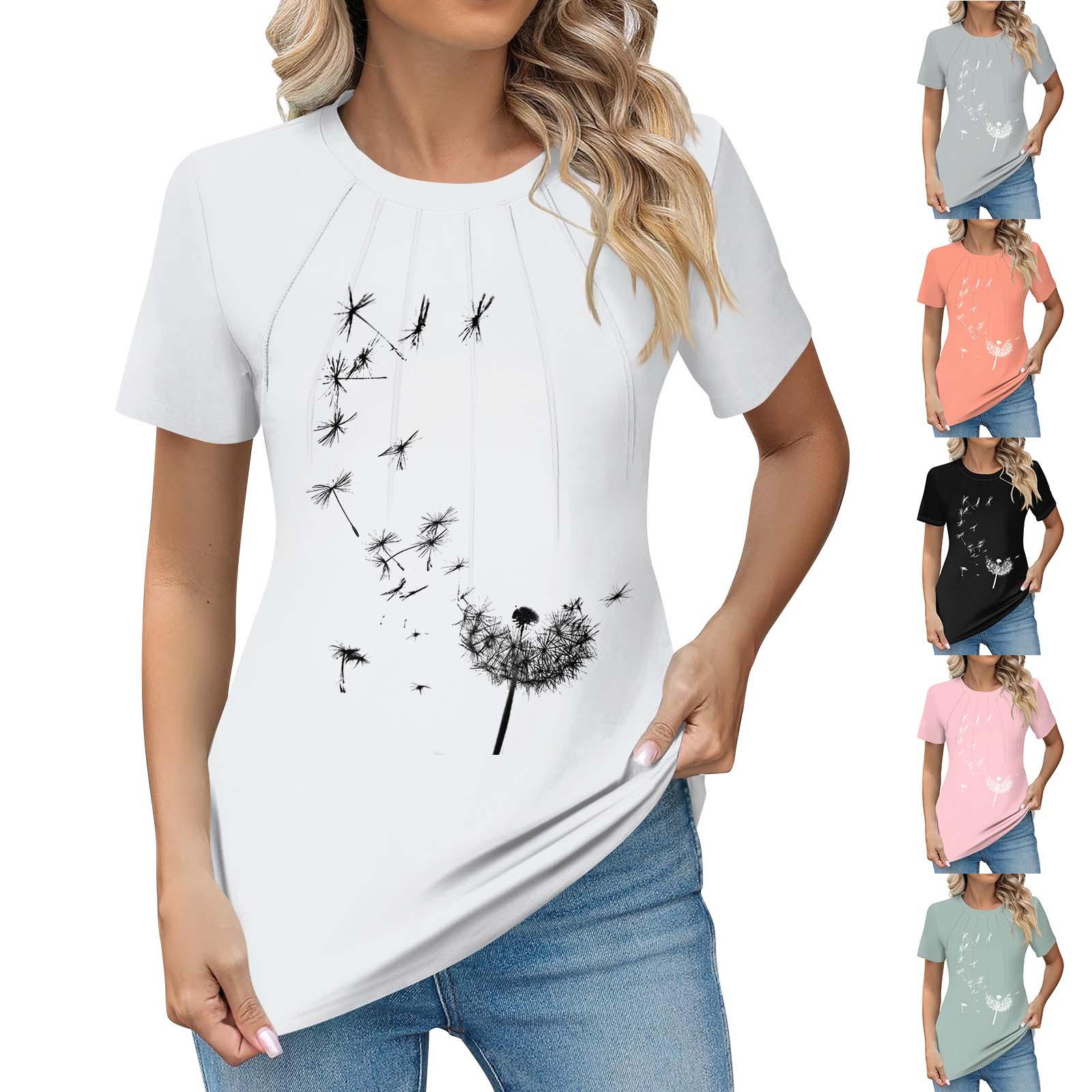 

Женские модные повседневные топы с короткими рукавами и круглым вырезом, плиссированные топы с короткими рукавами и принтом