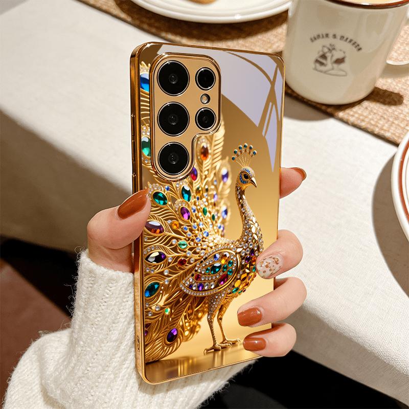Jeweled Peacock Golden Phone Case For Samsung A50 A51 A52 A53 A54 A55 A56 A57 A71 A72 A73 A31 A32 A34 A36 A37 A30s Glass Cover