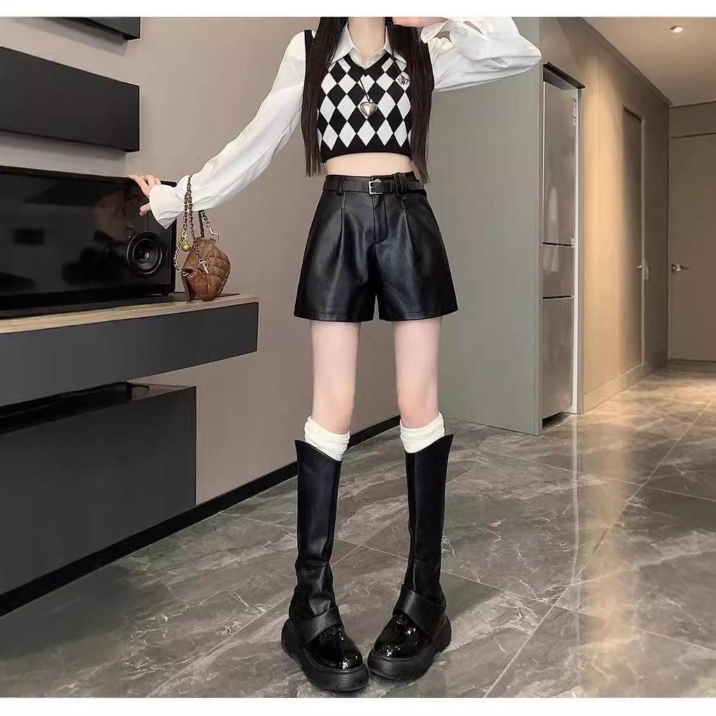 Women's PU Leather High Waist A-Line Shorts - Black, Autumn/Winter 2024 Collection, Slimming Wide-Leg, Casual Loose Fit.