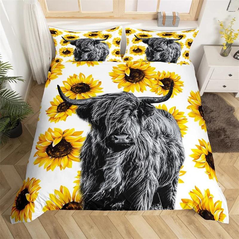 Hochlandrind Bettbezug Bulle Sonnenblume Kuh Bettwäscheset Queen Für Jungen Männer Mikrofaser Wildtiere Bauernhaus Tier Bettdeckenbezug