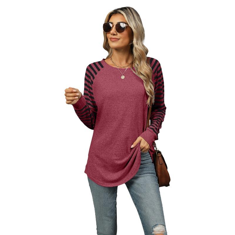 Women's New Clashing Stripes Splicing Round Neck Long Sleeve T-shirt Swallowtail Top