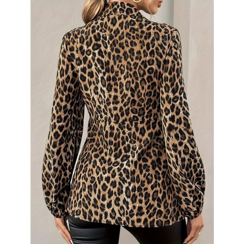 Elegant V-neck Leopard Print Bow Tie Lace Up Blouse Spring Autumn Women Basic Long Sleeved Shirt Simple Slim Fit Female Office New Casual Tops