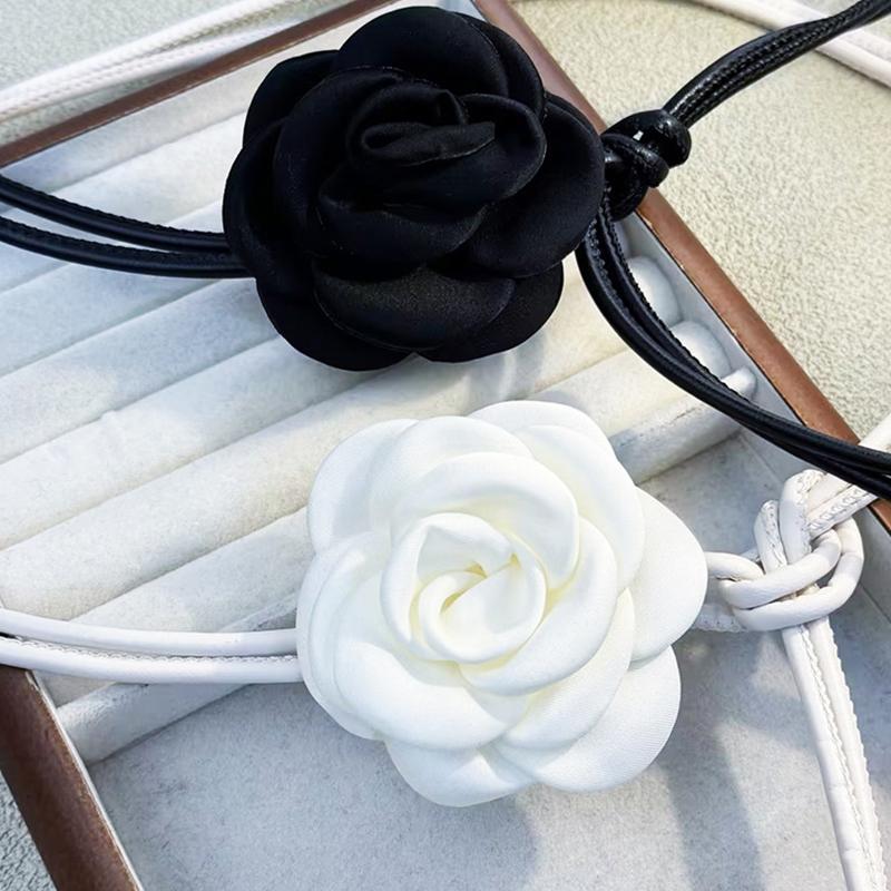 Camellia Flower Leather Rope Waist Chain For Women Thin Belt Sweet Knot Waistband Fashion Clothes Dress Decorative Girdles Strap