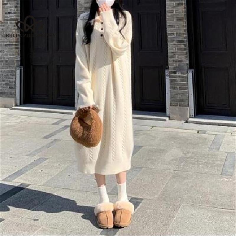 

Long Korean Style Lazy Style Lapel Knitted Dress 2026 Spring Autumn New Design Solid Color Sweater Base Dress onesize белый