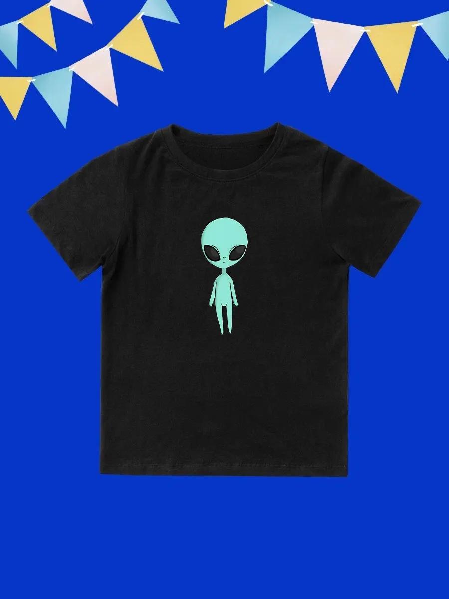 Round Neck Printed Pattern Pullover Short Sleeve Kids Tops Alien 140