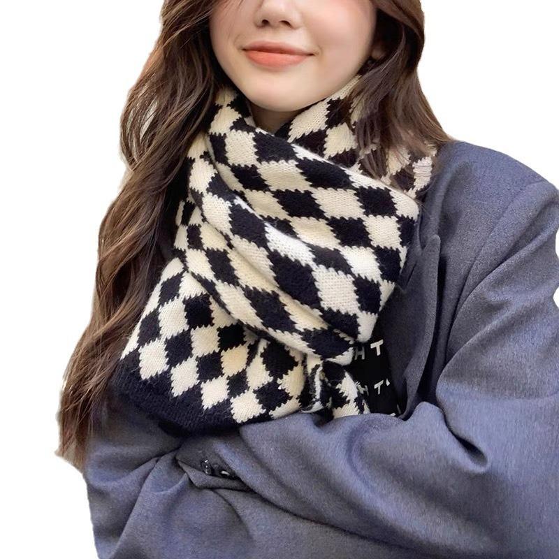 New Christmas Red Rhombus Knitted Scarf Female Autumn and Winter Student Couple Warm Fashion Versatile Scarf