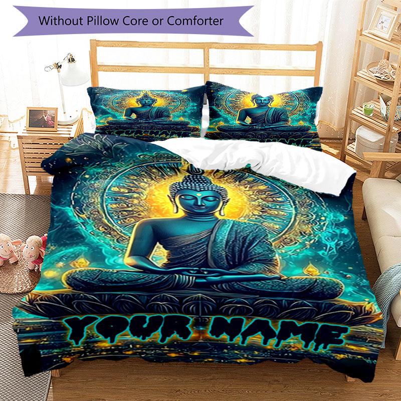 3PC Custom Name Buddha Enlightenment Journey Bedding Set Duvet Cover Closure Includes 1 Duvet Cover & 2 Pillowcases for Bedroom