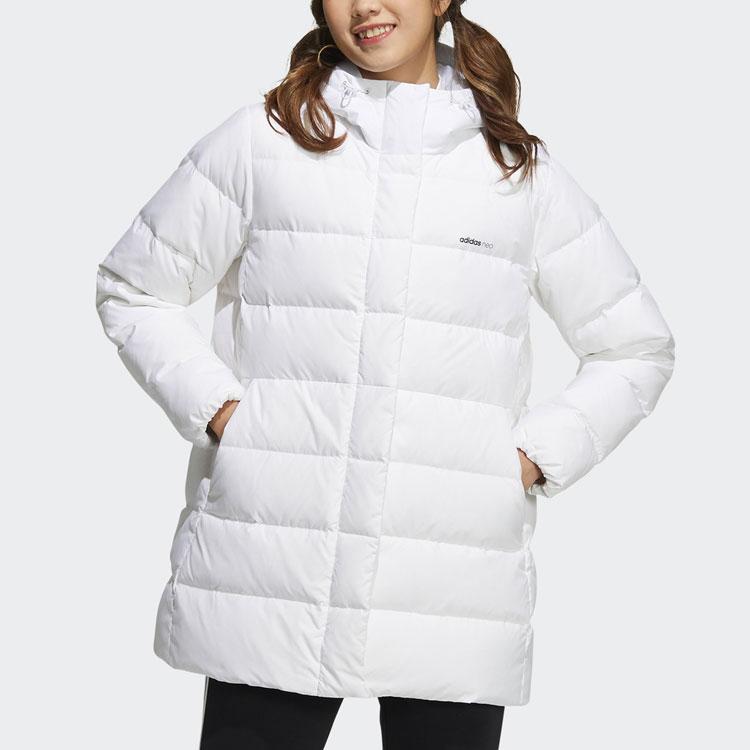 Adidas Neo Down Jacket Solid Color Mid-Length Sports Hooded Down Coat Winter Women Jackets White HF0502