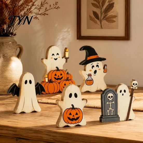 Reusable Autumn Seasonal Accents Halloween Cute Ghost Sign, Pumpkin Tombstone Wooden Plaque Solid Wood Displays for Tiered Tray Decor, Spooky Festive
