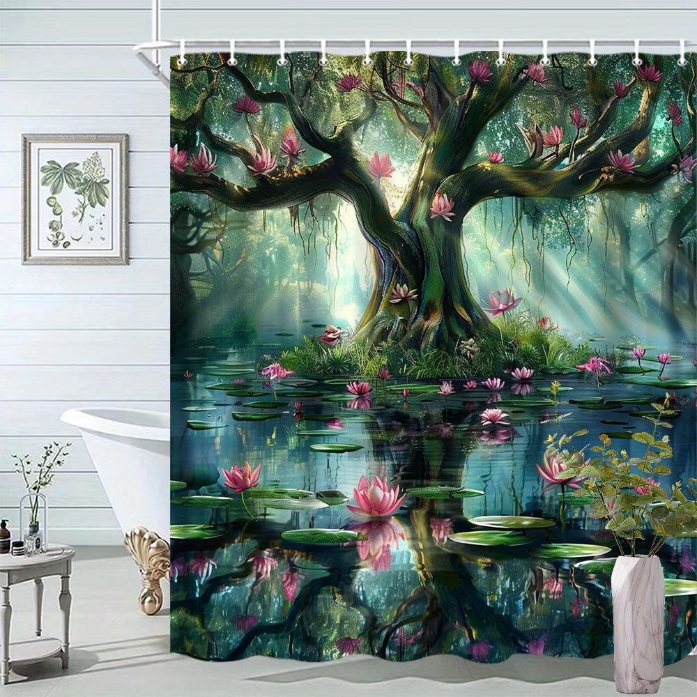 Jessica Chen Enchanted Forest Tree & Lotus Print Waterproof Shower Curtain, Mystical Nature Design High-End Toilet Partition Curtain