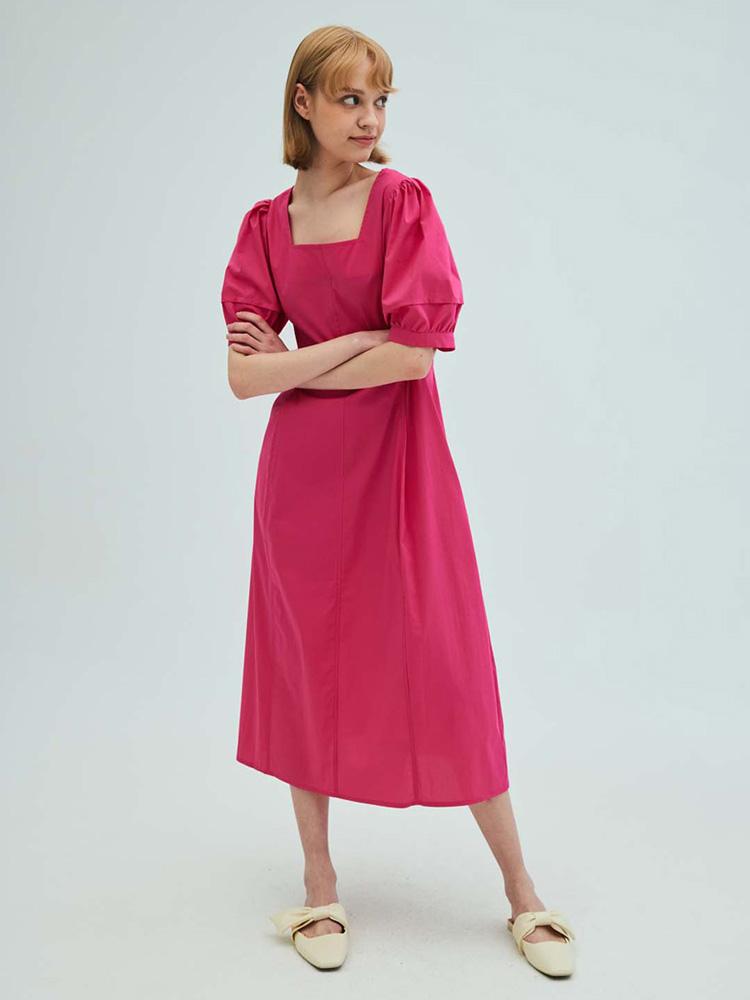Opening Sunshine Square Neck Puff Sleeve Flare Dress_Hot Pink