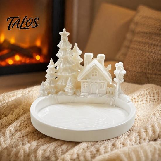 Christmas Jewelry Tray Winter Village Tray, 3D Printed Snow House Pine Tree Decorative Dish, Wonderland Desk Decor Mini Desktop Organizer for Key Ring