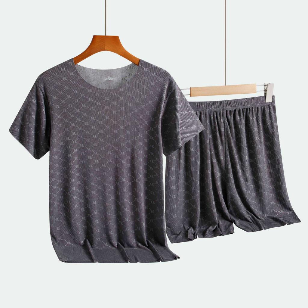 Summer Men's Pajamas Homewear Set Printed Ice Silk T-Shirt Short-Sleeved Modal Casual Pajamas Men's Pajama Trousers Thin Suit
