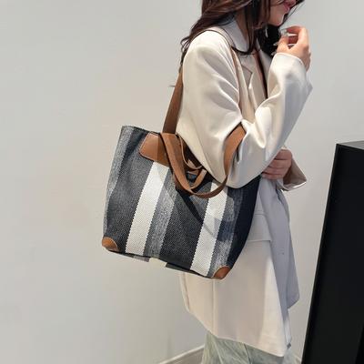 Tote Bag Large Capacity Female Student Commuter Canvas Shoulder Bag Foreign Style Striped Contrasting Color Women's Casual Tote Bag