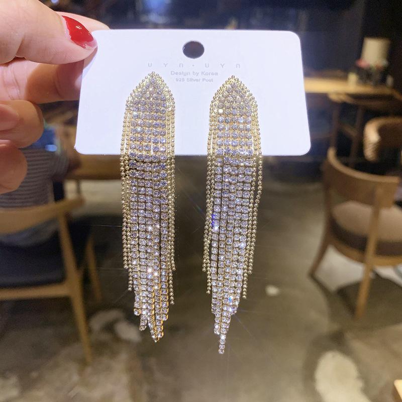 New Classic Shiny Crystal Clip on Earrings Ladies Exaggerated Long Tassels Colorful Rhinestone Non Pierced Earrings Jewelry
