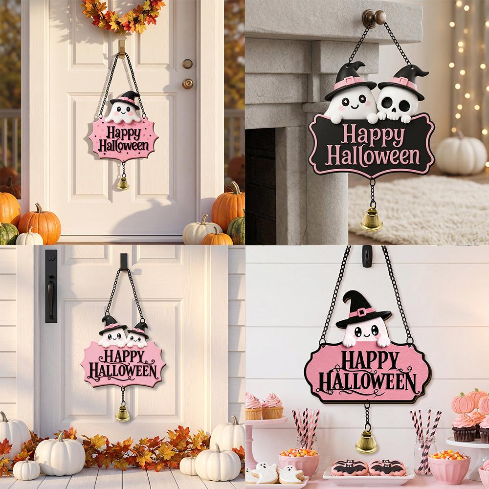 Cartoon Ghost Skull Halloween Door Decoration Sign with Bells Attached To The Door Hanging Chain
