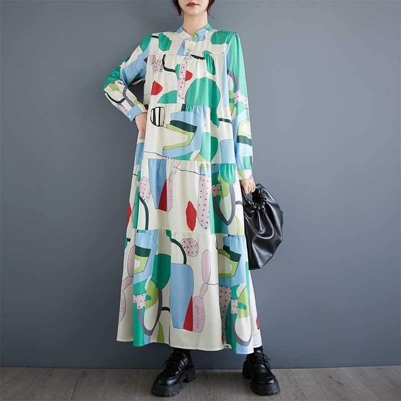 Loose and Thin Fashion Long-sleeved Printed Mid-length Dresses