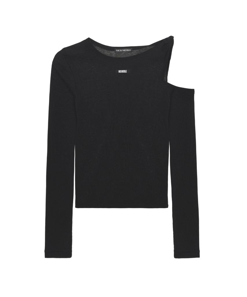 Nigaennikol Twist Cut Out Ribbed Sleeve Top_Black